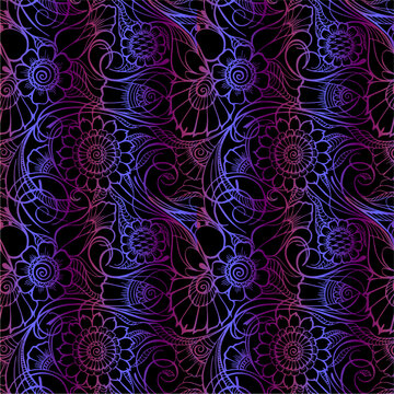 purple blue iridescent seamless pattern on black background, floral repeating pattern, oriental motifs, mahendi