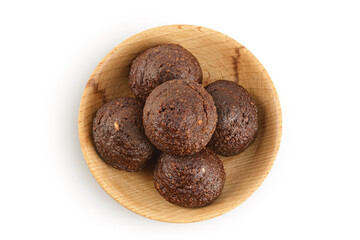 chocolate cookie with kerob, banana, nuts isolated on white background. Healthy food, gluten-free, flour-free. Top view. Flat lay. Set or collection