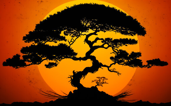 Japanese Bonsai tree silhouette against a warm orange and yellow setting sun. Illustrative, Generative AI.