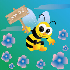 Advertising banner vector template, cute cartoon bee with a wooden sign for your text