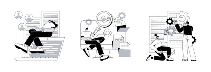 Information collection and analysis abstract concept vector illustration set. Management information system, document management soft, big data job, sharing online, visualization abstract metaphor. © Vector Juice