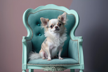 Adorable chihuahua sitting on a turquoise chair on a pastel background. Isolated.