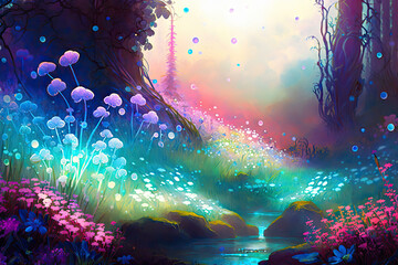 Glittering Petal Fields - An Enchanting Fantasy Springtime Painting Generative AI