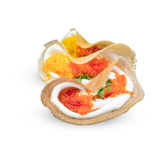 Three Khanom Buang thai crispy pancakes isolated on white background