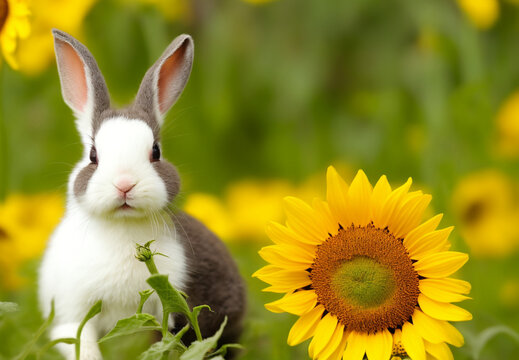 a cute and fluffy bunny in a sunflower field in spring,  Generative AI