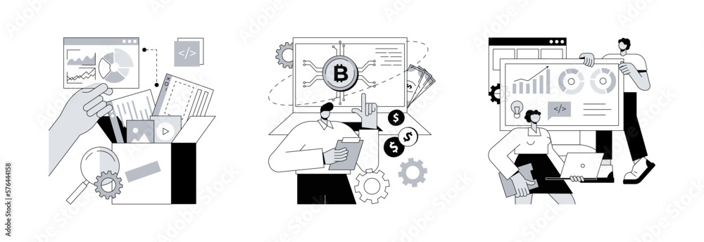 Poster business applications abstract concept vector illustration set. packaged software, fintech technolog