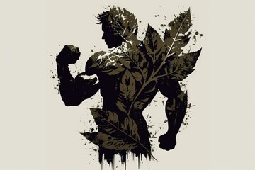Silhouette of Leaves Forms the Shape of a Muscular Man A Unique, EyeCatching Nature Creation. Generative AI