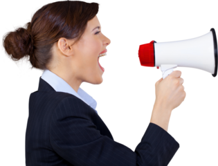 Young Businesswoman Shouting Through Megaphone On White Background