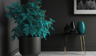 a green plant in a black planter next to a table.  generative ai