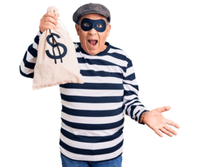 Senior handsome man wearing burglar mask holding money bag celebrating victory with happy smile and winner expression with raised hands