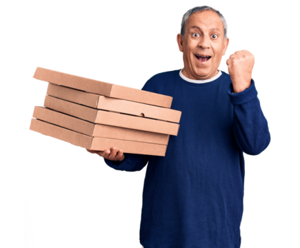 Senior handsome man holding pizza boxes screaming proud, celebrating victory and success very excited with raised arms
