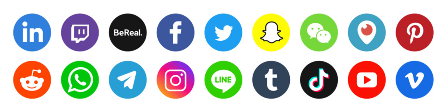 Social media icons. Facebook, twitter, instagram, BeReal, youtube, periscope, snapchat, pinterest, whatsap, linkedin, periscope, telegram and vimeo. Collection of popular social media logo.