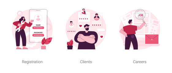 Company website navigation abstract concept vector illustration set. Registration page, name and password field, clients landing page, start career, create account, user information abstract metaphor.