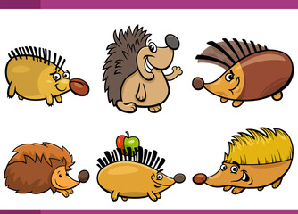 cartoon happy hedgehogs comic animal characters set