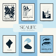 Fototapeta na wymiar Abstract ocean and sea posters template. Modern sea Botanical trendy black style. Vintage seaweed, fish, shell. Ink wall art.