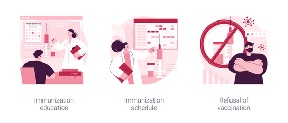 Public health abstract concept vector illustration set. Immunization education and schedule, refusal of vaccination, infectious diseases prevention, mandatory vaccination plan abstract metaphor.