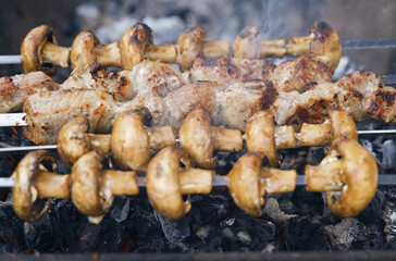 Beautiful delicious mushrooms and grilled meat. Vacation food