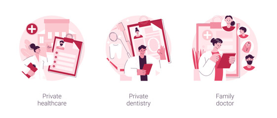 Fototapeta premium Healthcare insurance abstract concept vector illustration set. Private healthcare and dentistry, family doctor, emergency medical services, clinic facility, physician appointment abstract metaphor.