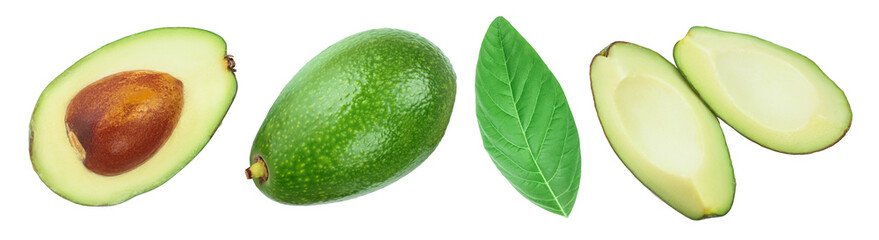 avocado and slices isolated on white background. Top view. Flat lay