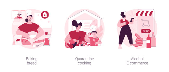 Homemade food and delivery abstract concept vector illustration set. Baking bread, quarantine cooking, alcohol e-commerce, family recipe, baking yeast, online grocery and wine abstract metaphor.