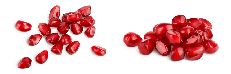 Heap of fresh pomegranate seeds isolated on white background with  full depth of field. Top view. Flat lay.