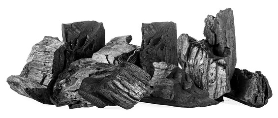 Pile of traditional black activated charcoal isolated on a white background. Natural wood charcoal.