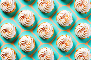 The pattern is repeating meringues in white. Top view of delicate delicious creamy curls. Wallpaper for a pastry shop. 3d render illustration. Generative AI art.
