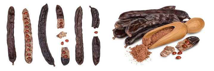 Ripe carob pods and bean isolated on white background with  full depth of field. Top view. Flat lay. Set or collection - obrazy, fototapety, plakaty