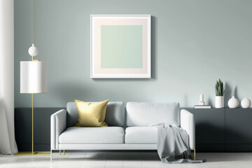 A minimalist living room in pastel colors with a sofa and a lamp on the wall. Generative AI