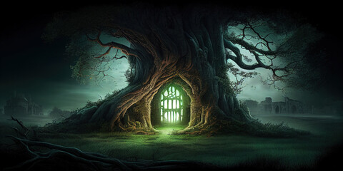 A door inside a huge magical tree from a fantasy world. Ai generative.
