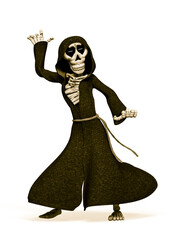 funny skeleton in cloak is dancing