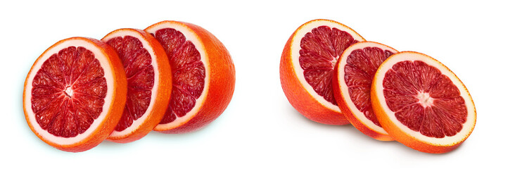Blood red oranges slices isolated on white background . Top view. Flat lay