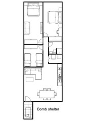 Bomb Shelter. Bunker. Bunker floor plan. Underground bunker for babies. Bunker floor plan. 3D illustration.	