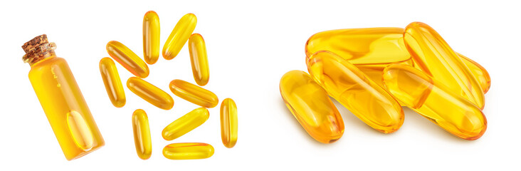 Fish oil capsules isolated on white background with  full depth of field. Top view with copy space...
