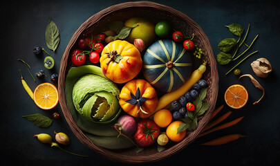  a basket filled with lots of different types of fruits and vegetables.  generative ai
