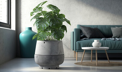 a living room with a couch and a plant in a pot.  generative ai