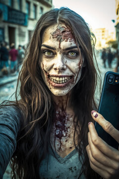 A woman with a zombie face is taking a selfie with her smartphone. Zombie taking a selfie. Generative AI