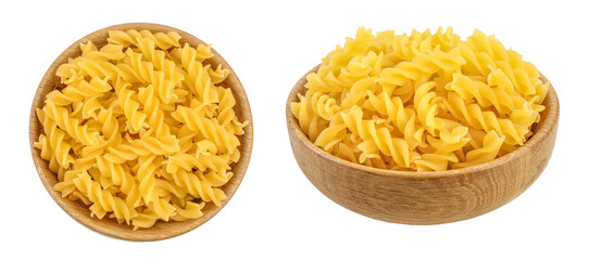 raw Fusilli pasta in wooden bowl isolated on white background with full depth of field. Top view....