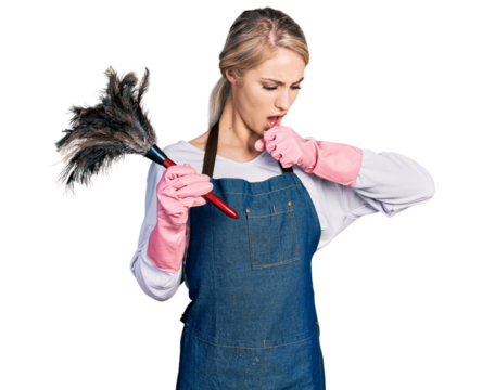 Beautiful young blonde woman wearing apron holding cleaning duster feeling unwell and coughing as symptom for cold or bronchitis. health care concept. - Powered by Adobe