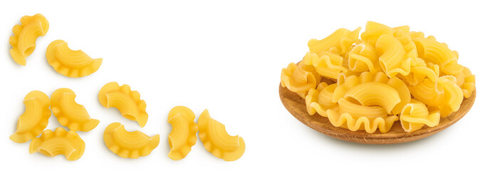 Pasta cornetti creste macaroni isolated on white background . Top view with copy space for your text. Flat lay