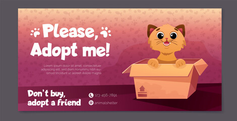 Social media post templates with pet adoption promotion. Adopt me banner with cute cats in box, little kittens and paw print patterns. Vector cartoon illustration for flyer design, web pages.