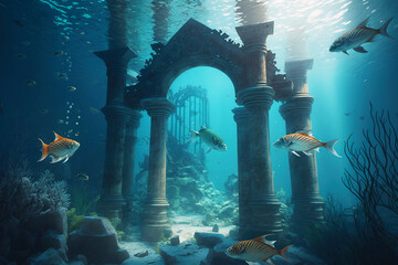 Fish swim among ancient ruins, old city in sea underwater, generative AI - obrazy, fototapety, plakaty