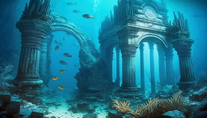 Ancient city ruins on seabed, old buildings in sea underwater, generative AI - obrazy, fototapety, plakaty