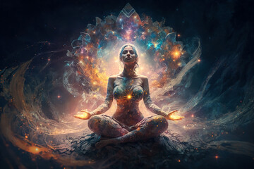 Woman practices yoga and meditation with space energy, fantasy view, generative AI. - obrazy, fototapety, plakaty