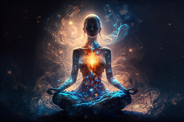 Young woman practices yoga and meditation with space energy, fantasy view, generative AI. - obrazy, fototapety, plakaty
