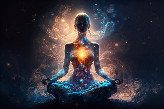 Young woman practices yoga and meditation with space energy, fantasy view, generative AI.
