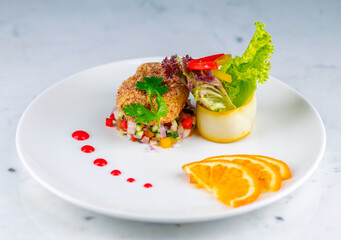 Diet food with fruit and vegetables along with sandwich served by plate on white background