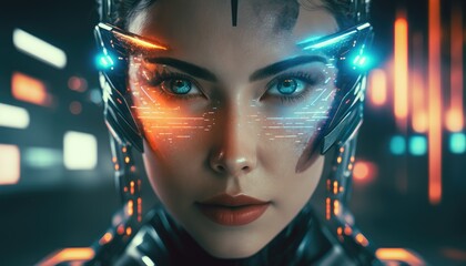 Young and attractive woman from future with the laser hologram on her face (collage about eye scanning technology)