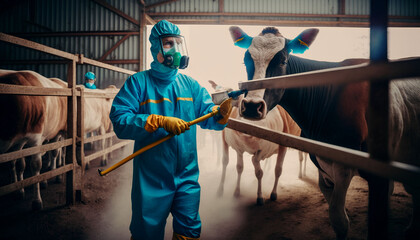 People wearing personal protective equipment or PPE with spraying disinfectant for protection pandemic of disease in cattle farm, Generative AI