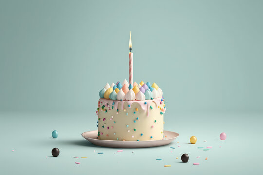 Birthday cake with candles in front isolated on pastel blue background. Cute greeting postcard, sponge cake decorated with colored merengue. 3d render illustration. Generative AI art.
